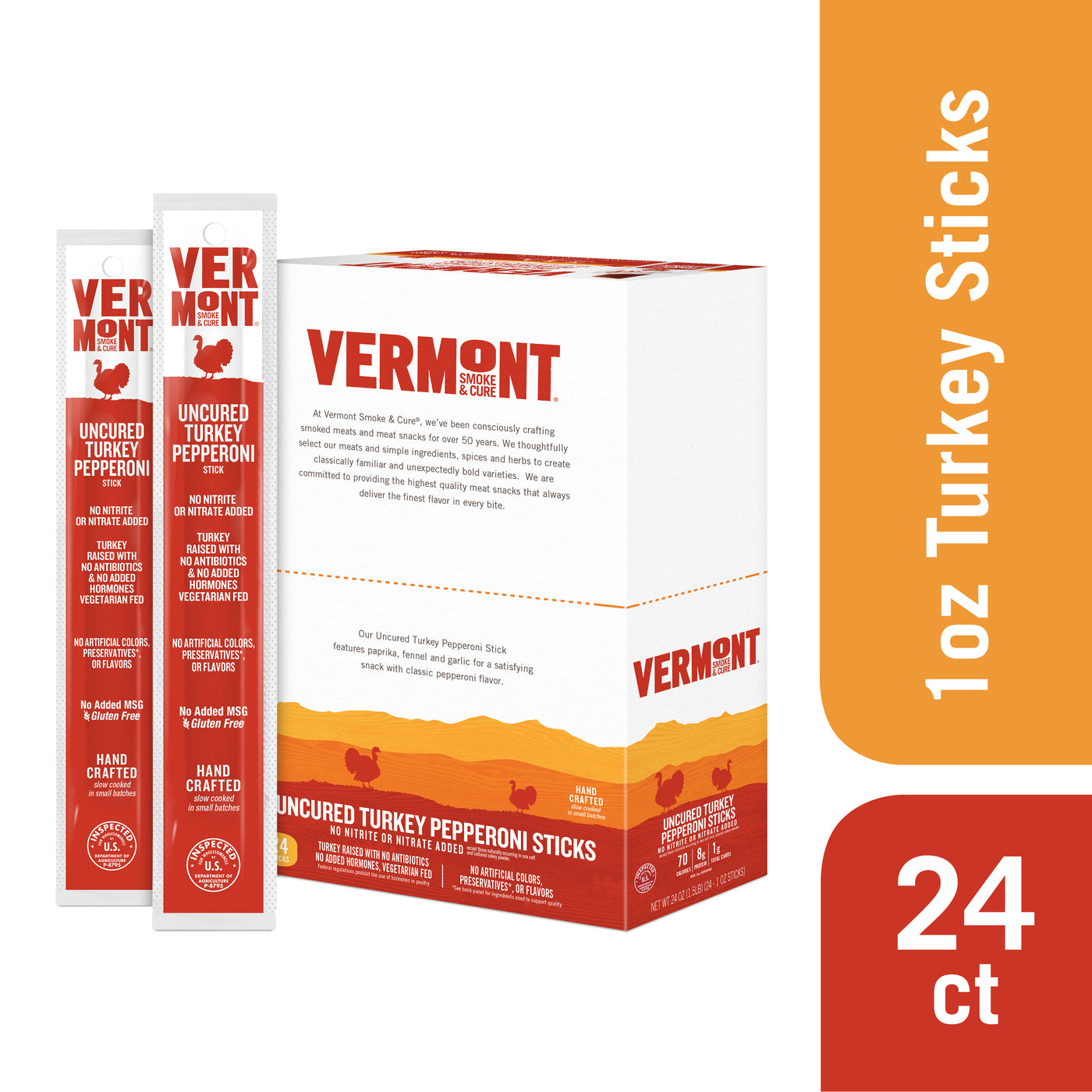 Uncured Pepperoni Turkey Sticks 1oz (24) VT Smoke & Cure