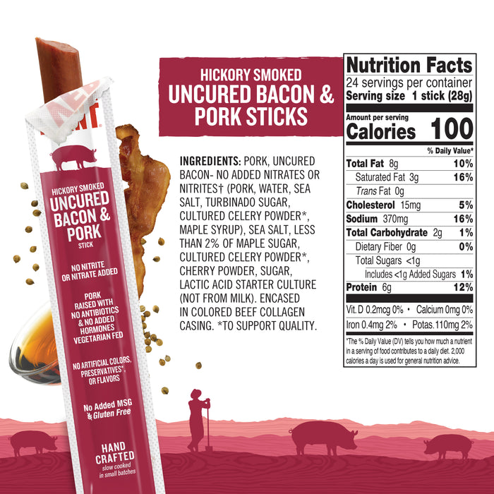 Hickory Smoked Uncured Bacon Pork Sticks 1oz (24 count)